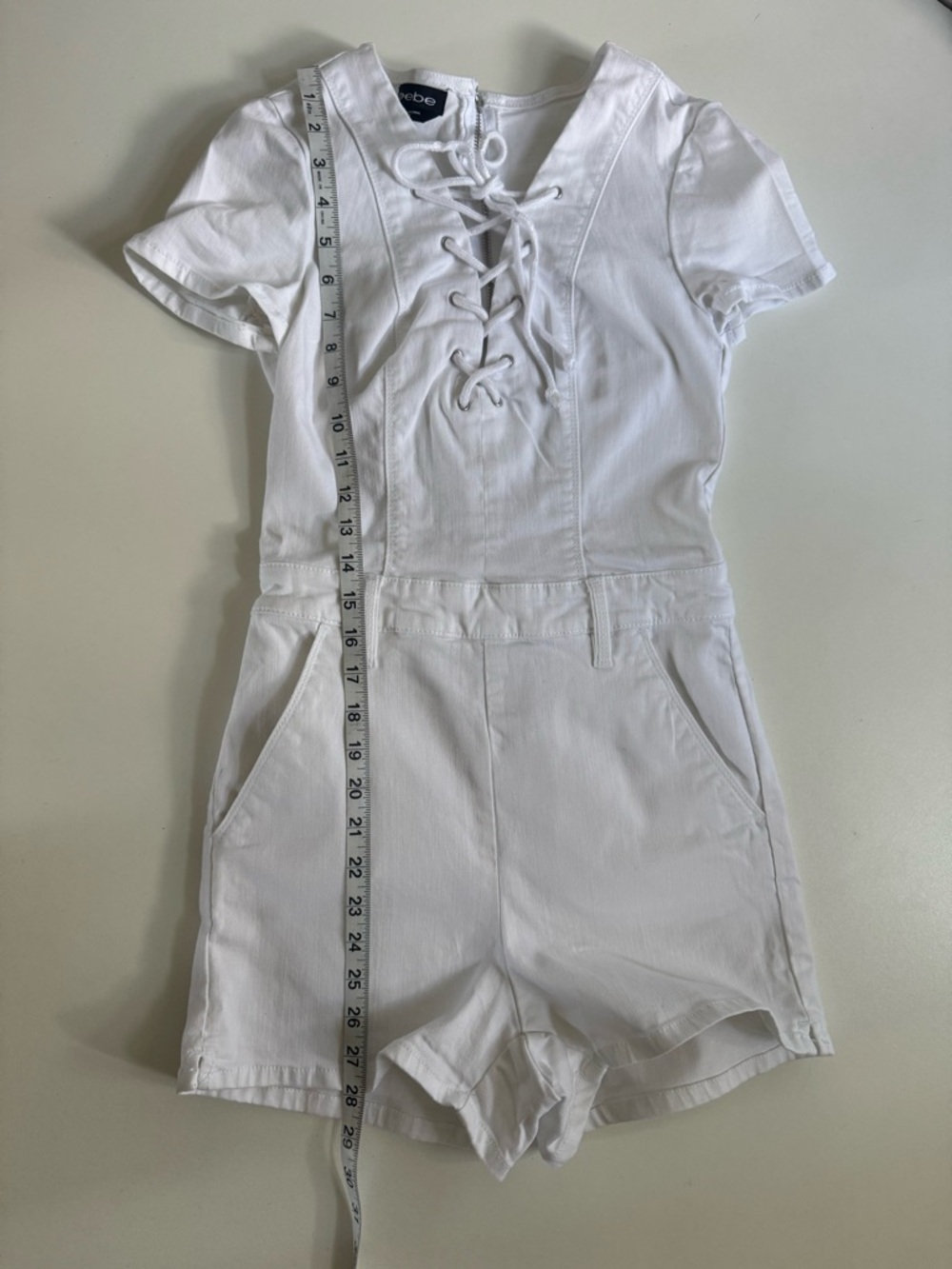 bebe White Lace-Up Short Sleeve One-Piece Romper